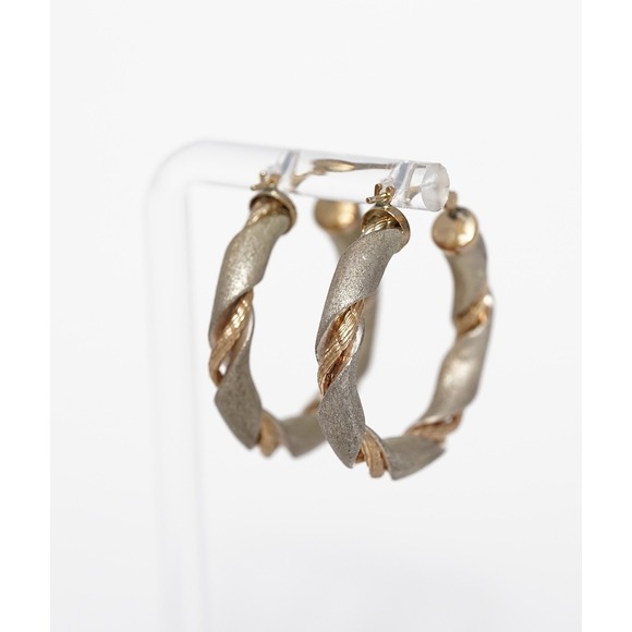 Vintage 14k Solid Yellow Gold Sterling Silver Hoop Earrings - Wire Braid Twist